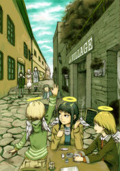  1boy 6+girls angel angel_wings ashtray cafe chair cigarette coaster coffee commentary_request cup day drinking feathered_wings haibane_renmei halo hikari_(haibane) kana_(haibane) kuu_(haibane) multiple_girls naotan nemu_(haibane) outdoors pavement rakka_(haibane) reki_(haibane) sitting smoke smoking spoon table teacup town waving wings 