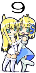  2girls apple_inc. aqua_eyes bad_id bad_pixiv_id blonde_hair breast_press breasts chibi dd_(ijigendd) elbow_gloves fingerless_gloves gloves holding_hands interlocked_fingers large_breasts macintosh multiple_girls os-tan os9 osx symmetrical_docking thighhighs 