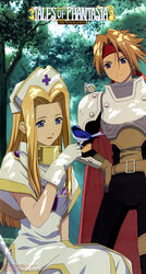  1boy absurdres animal animal_on_shoulder armor bird bird_on_hand bird_on_shoulder blonde_hair blue-and-white_flycatcher blue_eyes bluebird brown_hair cape copyright_name cress_albane dappled_sunlight dress female flycatcher_(animal) gloves hair_intakes hat headband highres long_hair mint_adenade nature non-web_source nurse official_art photoshop_(medium) purple_eyes red_cape scan shigeki_shinjirou sitting sunlight tales_of_(series) tales_of_phantasia tree tree_shade 