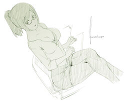  breasts cleavage crossed_legs female glasses green_theme holon kyo_(kuroichigo) large_breasts miniskirt monochrome pantyhose pencil_skirt ponytail real_drive signature sitting sketch skirt solo 