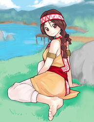  barefoot blush braid breasts brown_eyes brown_hair day dock dragon_quest dragon_quest_yuusha_abel_densetsu feet female from_side grass lake long_hair looking_at_viewer looking_back medium_breasts outdoors sitting sky smile solo takayama_toshinori tialah twin_braids 