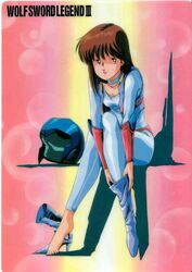  1980s_(style) artist_request barefoot boots brown_hair female helmet high_heels highres jpeg_artifacts leina_stol machine_robo machine_robo_chronos_no_dai_gyakushuu pink_eyes retro_artstyle shoes single_shoe solo 