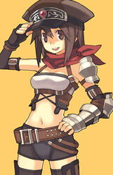  armor belt brown_eyes brown_hair commentary_request dated_commentary elbow_gloves fantasy_earth fantasy_earth_zero female fingerless_gloves gauntlets gloves hand_on_own_hip hat midriff navel neckerchief scout_(fantasy_earth) scout_(grenadier_outfit)_(fantasy_earth_zero) smile solo tanaka_(cow) thighhighs zettai_ryouiki 