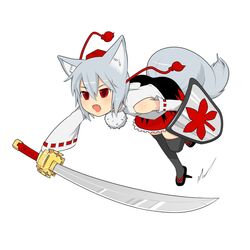  animal_ears detached_sleeves female geta grey_hair hat inubashiri_momiji oerba_yun_fang red_eyes shield solo sword tail tengu-geta thighhighs tokin_hat torque touhou weapon wolf_ears wolf_tail 