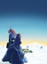  above_clouds ahoge bad_id bad_pixiv_id cloud female fingerless_gloves gloves gradient_sky headphones long_sleeves mishima_yoshikatsu monkey mountaintop outdoors pants pink_hair pixiv_fantasia pixiv_fantasia_1 profile scarf scenery shirt sitting sky solo tree 