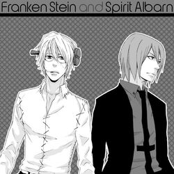  2boys cigarette franken_stein_(soul_eater) glasses greyscale male_focus monochrome multiple_boys object_through_head screw_in_head soul_eater spirit_albarn stitches zero_takahashi 