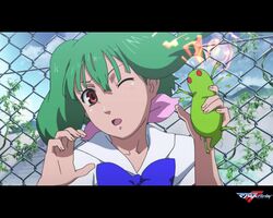  artist_request cellphone female green_hair letterboxed macross macross_frontier oosanshouuo-san phone ranka_lee saint_mary&#039;s_academy_school_uniform school_uniform solo 