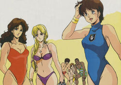  1980s_(style) 3boys 3girls :d adjusting_hair arms_behind_back bikini black_eyes black_hair blonde_hair blue_eyes bracelet braid breasts brown_hair casual_one-piece_swimsuit cleavage dark_skin detexted diane_lance everyone hair_ribbon hand_on_head jewelry kaine_wakaba kanamori_kenji kikou_senki_dragonar large_breasts leaning_forward light_newman linda_plato lipstick long_hair maido-kun makeup male_swimwear multiple_boys multiple_girls navel necklace official_art one-piece_swimsuit open_mouth out_(magazine) parted_bangs pendant pointing purple_eyes purple_lips radio retro_artstyle ribbon rose_patterson short_hair single_braid smile squatting star_(symbol) star_print striped swim_briefs swimsuit tapp_oceano third-party_edit topless_male turtleneck wavy_hair wet wristband 