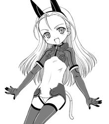  :d ahoge animal_ears antenna_hair aoyama_reo blush cowboy_shot elise_von_dietrich fake_animal_ears female flat_chest gloves greyscale hairband happy head_tilt leotard long_hair monochrome motion_slit open_mouth pilot_suit simple_background sky_girls smile solo tail thighhighs turtleneck zipper 