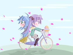  2girls back-to-back bad_id bad_pixiv_id bicycle blue_hair cherry_blossoms chibi cruiser_bicycle hiiragi_kagami izumi_konata long_hair lucky_star moco_(axion_channel) mole mole_under_eye multiple_girls multiple_riders purple_hair riding yuri 