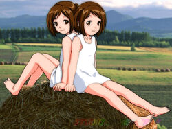  2girls artist_request barefoot brown_eyes brown_hair figure_17 multiple_girls photoshop_(medium) shiina_hikaru shiina_tsubasa short_hair siblings twins 