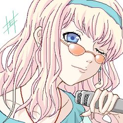  blonde_hair blue_eyes collarbone earrings eyebrows_hidden_by_hair female glasses hairband jewelry long_hair looking_at_viewer lowres macross macross_frontier oekaki one_eye_closed seven_(11) sheryl_nome signature simple_background solo 