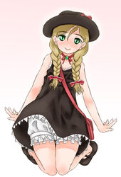  android august_(coyote_ragtime_show) bag blonde_hair bloomers blush braid choker coyote_ragtime_show dress female frills green_eyes handbag hat kneeling long_hair scharfschutze smile solo twin_braids underwear white_bloomers 