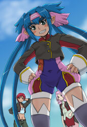  3girls aqua_eyes arm_behind_head arm_up belt blue_hair blush blush_stickers breasts buttons cleavage cloud commentary_request covered_navel cowboy_shot crop_top day emblem flat_chest from_below frown garter_straps grin hair_intakes hand_on_own_hip hands_on_own_hips headband hirokawa_kouichirou jacket klan_klein light_smile lolicon long_hair long_sleeves macross macross_frontier meltrandi miclone midriff military military_uniform multiple_girls navel nene_rora open_clothes open_jacket outdoors pink_hair pointy_ears quad_tails raramia_rerenia red_hair ribbon s.m.s. short_hair sidelocks skirt sky sleeve_cuffs small_breasts smile standing thick_eyebrows thighhighs turtleneck uniform unitard very_long_hair zentradi zettai_ryouiki 