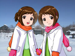  2girls artist_request brown_eyes brown_hair figure_17 hair_ornament hairclip holding_hands mittens multiple_girls scarf shiina_hikaru shiina_tsubasa short_hair siblings twins 