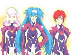  3girls biruberu blue_hair bodysuit closed_eyes commentary_request green_eyes headband klan_klein long_hair lowres macross macross_frontier meltrandi multicolored_bodysuit multicolored_clothes multiple_girls nene_rora pilot_suit pink_bodysuit pink_hair pointy_ears purple_bodysuit purple_eyes raramia_rerenia red_hair short_hair twintails very_long_hair zentradi 