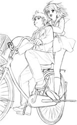  1boy :d artist_request badge bicycle bicycle_basket blazer cruiser_bicycle female greyscale hair_ribbon jacket kita_high_school_uniform kneehighs kyon loafers long_sleeves looking_afar monochrome multiple_riders open_mouth pants pillion pleated_skirt ribbon riding school_uniform serafuku shoes short_hair skirt smile socks suzumiya_haruhi suzumiya_haruhi_no_yuuutsu winter_uniform 