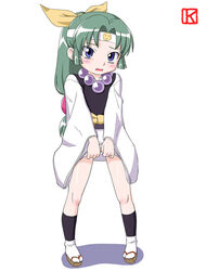  blue_eyes blunt_bangs blush clothes_lift female flat_chest green_hair hair_ribbon headband japanese_clothes jewelry keny long_hair low-tied_long_hair miyabi_(ninin_ga_shinobuden) necklace ninin_ga_shinobuden photoshop_(medium) ponytail ribbon skirt skirt_lift smiley_face solo standing watermark 