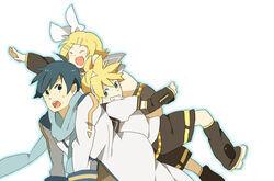  2boys :d :o ^_^ belt blonde_hair blue_eyes blue_hair brother_and_sister closed_eyes coat detached_sleeves female hairband hayato_(meromoni) kagamine_len kagamine_rin kaito_(vocaloid) long_sleeves multiple_boys open_mouth outstretched_arm sailor_collar scarf school_uniform serafuku shoes short_hair shorts siblings smile twins vocaloid 