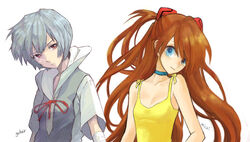  2girls ayanami_rei blue_eyes blue_hair choker dress guitar_(guitars) long_hair michi_ta_(masquerade) multiple_girls neon_genesis_evangelion orange_hair photoshop_(medium) red_eyes school_uniform short_hair souryuu_asuka_langley yellow_dress 