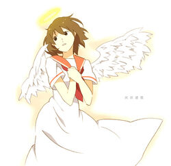  angel brown_hair female haibane_renmei halo hayato_(meromoni) orange_sailor_collar rakka_(haibane) sailor_collar solo wings 