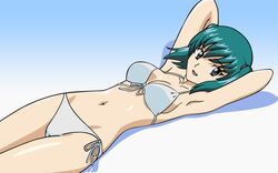  bikini blue_eyes female green_hair highres honjou_mikaze lying side-tie_bikini_bottom solo stratos_4 swimsuit vector_trace white_bikini yamauchi_noriyasu 