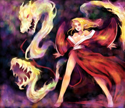  barefoot blonde_hair breasts byunei commentary_request demon demon_girl female japanese_clothes kara_(color) kimono long_hair open_mouth pointy_ears red_eyes red_kimono romancing_saga romancing_saga_3 saga small_breasts solo yukata 