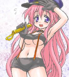  armpits black_shorts breasts commentary_request cosplay endou_aya female gloves hat large_breasts long_hair lowres lucky_star macross macross_frontier midriff oekaki peaked_cap peter_(gvb) pink_hair purple_eyes sheryl_nome sheryl_nome_(cosplay) shorts solo suspenders takara_miyuki underboob very_long_hair voice_actor_connection 