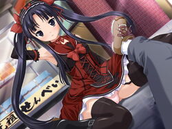  armpits black_thighhighs blush elbow_gloves female game_cg garter_belt gloves ninkyou_hana_otome ooshio_natsumi panties pantyshot pink_panties red_skirt ribbon sitting skirt solo souryuu_(double_dragon) thighhighs twintails underwear 