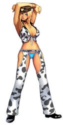  animal_print blonde_hair blue_eyes breasts cleavage cow_print dixie_clemets female hat large_breasts long_hair midriff oda_non rumble_roses simple_background solo white_background 