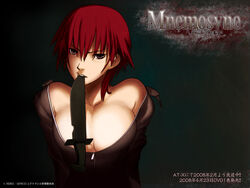  artist_request breasts cleavage female huge_breasts knife laura_(mnemosyne) mnemosyne red_eyes red_hair solo 