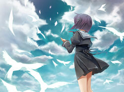  bird cloud commentary_request day ef_(visual_novel) female hair_ornament hairclip kazuki_sanbi purple_hair school_uniform shindou_chihiro sky solo 