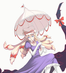  blonde_hair blue_eyes choker commentary_request elbow_gloves female gap_(touhou) gebo gloves hair_ribbon hat long_hair pantyhose parasol ribbon solo touhou umbrella white_gloves yakumo_yukari 