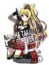  bardiche_(nanoha) blonde_hair cosplay fate_testarossa female full_body long_hair lyrical_nanoha mahou_shoujo_lyrical_nanoha_strikers mizuki_nana mizuki_nana_(cosplay) okiura photoshop_(medium) red_eyes solo thighhighs voice_actor_connection 