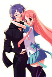  1boy ahoge bad_id bad_pixiv_id black_legwear braid brown_eyes female hug kage_kara_mamoru! kagemori_mamoru konnyaku_yuuna long_hair pink_hair school_uniform tensugi_takashi thighhighs 