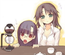  2girls alcohol_burner arima_senne breasts cleavage coffee coffee_maker coffee_siphon cup glasses green_eyes kashiwamochi_yomogi long_hair medium_breasts multiple_girls original red_eyes smile surprised translated 