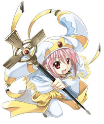  .hack// .hack//games .hack//tasogare_no_udewa_densetsu female full_body hat holding holding_staff kazuki_sanbi lolicon long_sleeves looking_at_viewer mireille_(.hack//) oerba_yun_fang open_mouth pink_hair red_eyes robe simple_background smile solo staff white_background white_robe 