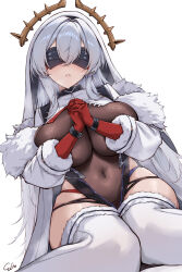  absurdres artist_name azur_lane blindfold bodystocking breasts cleavage clothes_between_thighs coat commentary covered_eyes covered_navel dutch_angle e.c.ho eye_mask facing_viewer female fur-trimmed_coat fur-trimmed_thighhighs fur_trim gloves gold_halo hair_between_eyes hair_intakes halo highleg highres interlocked_fingers krasny_kavkaz_(azur_lane) large_breasts long_hair long_sleeves mask metal_bracelet own_hands_together panties panty_straps parted_lips pelvic_curtain red_gloves see-through_cleavage see-through_clothes shrug_(clothing) sidelocks simple_background sitting skindentation solo spiked_halo steam sweat thighhighs thighs underwear veil very_long_hair white_background white_coat white_shrug white_thighhighs white_veil 
