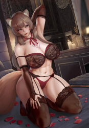  abs alternate_breast_size_(larger) alternate_costume animal_ear_fluff animal_ears arm_up armpit_crease blunt_bangs blush bra breasts bridal_gauntlets brown_bra brown_bridal_gauntlets brown_hair brown_thighhighs candle chest_tattoo cleavage collarbone commentary commission covered_nipples english_commentary female full_body garter_belt highleg highleg_panties highres indoors kinohara_kossuta kneeling lace lace_bra lace_bridal_gauntlets lace_panties large_breasts lingerie looking_to_the_side mixed-language_commentary navel neck_ribbon on_bed panties petals pink_eyes raccoon_ears raccoon_girl raccoon_tail raphtalia red_bra red_panties red_ribbon ribbon rose_petals slave_brand solo stomach tail tate_no_yuusha_no_nariagari tattoo thick_thighs thighhighs thighs toned toned_female two-tone_bra underwear wide_hips 