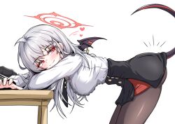  ass bent_over black_pantyhose black_skirt blue_archive breasts chilong_(heronas) commentary_request demon_girl demon_tail demon_wings female halo haruna_(blue_archive) highres korean_commentary large_breasts long_hair pantyhose red_eyes red_halo revision shirt simple_background single_wing skirt solo tail very_long_hair white_background white_hair white_shirt wings 