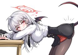  ass bent_over black_pantyhose black_skirt blue_archive breasts chilong_(heronas) commentary_request demon_girl demon_tail demon_wings female halo haruna_(blue_archive) highres korean_commentary large_breasts long_hair pantyhose red_eyes red_halo shirt simple_background single_wing skirt solo tail very_long_hair white_background white_hair white_shirt wings 