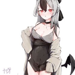  artist_name black_choker black_dress black_hair black_panties blue_archive blush breasts bright_pupils cardigan chestnut_mouth choker cleavage clothing_cutout collarbone commentary covered_navel demon_horns demon_wings dress ear_piercing female grey_cardigan grey_hair hickey highres hip_vent horns kayoko_(blue_archive) kayoko_(dress)_(blue_archive) looking_at_viewer medium_breasts mole mole_on_collarbone multicolored_hair nadeko03 panties piercing red_eyes simple_background single_wing solo two-tone_hair underwear white_background white_pupils wings 