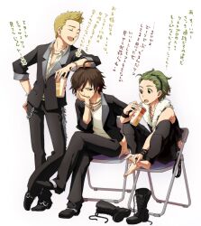  3boys ahoge amagase_touma blackish_961sp_(idolmaster) blonde_hair brown_eyes brown_hair commentary_request drink formal green_eyes green_hair idol idolmaster idolmaster_(classic) idolmaster_2 ijuuin_hokuto jupiter_(idolmaster) mitarai_shouta multiple_boys photoshop_(medium) sitting smile translated yachiwo 