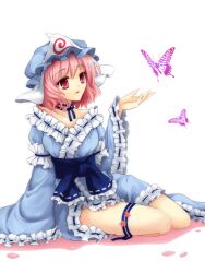  bug butterfly choker commentary_request female flan_(zhd91) hat photoshop_(medium) pink_hair ribbon_choker saigyouji_yuyuko short_hair sitting solo thigh_strap touhou triangular_headpiece 