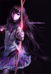  akemi_homura akemi_homura_(magical_girl) argyle_clothes argyle_legwear arrow_(projectile) black_pantyhose bow_(weapon) character_name chinese_commentary commentary_request female h2so4kancel hair_ribbon highres long_hair magical_girl mahou_shoujo_madoka_magica mahou_shoujo_madoka_magica_(anime) pantyhose photoshop_(medium) purple_eyes purple_hair ribbon shirt skirt solo weapon 