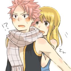  !? 1boy :d blonde_hair blush commentary_request couple erinan fairy_tail female lucy_heartfilia natsu_dragneel open_mouth photoshop_(medium) pink_hair scarf smile straight surprised 