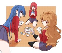  3girls ace_(playing_card) ace_of_diamonds ace_of_spades aisaka_taiga blue_card blue_eyes blue_hair brown_eyes brown_hair card commentary_request diamond_(shape) holding holding_card kawashima_ami king_(playing_card) king_of_spades kushieda_minori long_hair multiple_girls old_maid oohashi_high_school_uniform partial_commentary playing_card playing_games queen_(playing_card) queen_of_diamonds reco_(fortunequest) red_eyes red_hair school_uniform seven_of_diamonds short_hair six_of_clubs spade_(shape) thighhighs three_of_diamonds toradora! two_of_diamonds two_of_hearts two_of_spades 