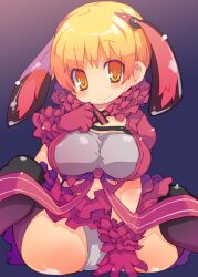  animal_ears blonde_hair blush breasts commentary_request ernula female gloves hand_on_own_chest large_breasts looking_at_viewer no_nose rabbit_ears senkou_no_ronde sitting smile solo spread_legs thighhighs twintails yellow_eyes zankuro 