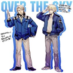  2boys bad_id bad_pixiv_id blonde_hair blue_eyes blue_jacket bomber_jacket cosplay costume_switch crossover denim graham_aker graham_aker_(cosplay) green_eyes gundam gundam_00 hat jacket jeans keith_goodman keith_goodman_(cosplay) male_focus multiple_boys pants salute scar shirahama_kamome shoes sneakers tiger_&amp;_bunny 