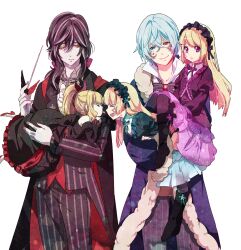  &gt;_&lt; 2boys 3girls :p bare_shoulders black_dress black_hair blonde_hair blue_dress blue_eyes blue_hair blue_legwear boots bow bowtie chains closed_eyes coat commentary_request conductor_baton detached_sleeves doll dress elyse_(sound_horizon) facial_mark flower formal fur_trim gem headdress heterochromia hiver_laurant holding hortense_(sound_horizon) long_hair maerchen_(sound_horizon) marchen_von_friedhof multiple_boys multiple_girls open_mouth pantyhose ponytail purple_eyes purple_legwear purple_skirt red_eyes red_footwear roman_(sound_horizon) shoes shuri_(84k) simple_background skirt smile sound_horizon striped striped_suit suit tongue tongue_out vertical_stripes violette_(sound_horizon) yellow_eyes 